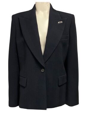 BARBARA BUI NAVY BLUE RIBBED ONE BUTTON WOOL BLAZER
